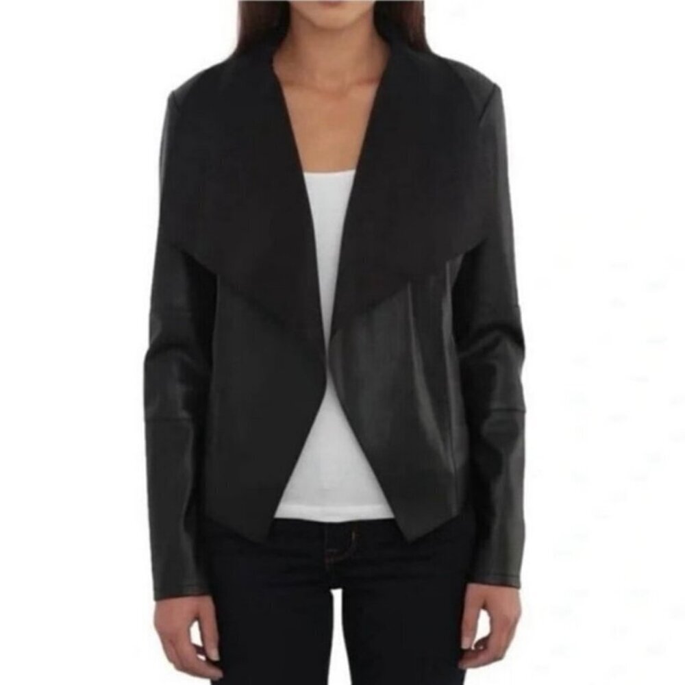 Bagatelle Black Faux Suede Leather Waterfall Open Front Jacket Size Small EUC